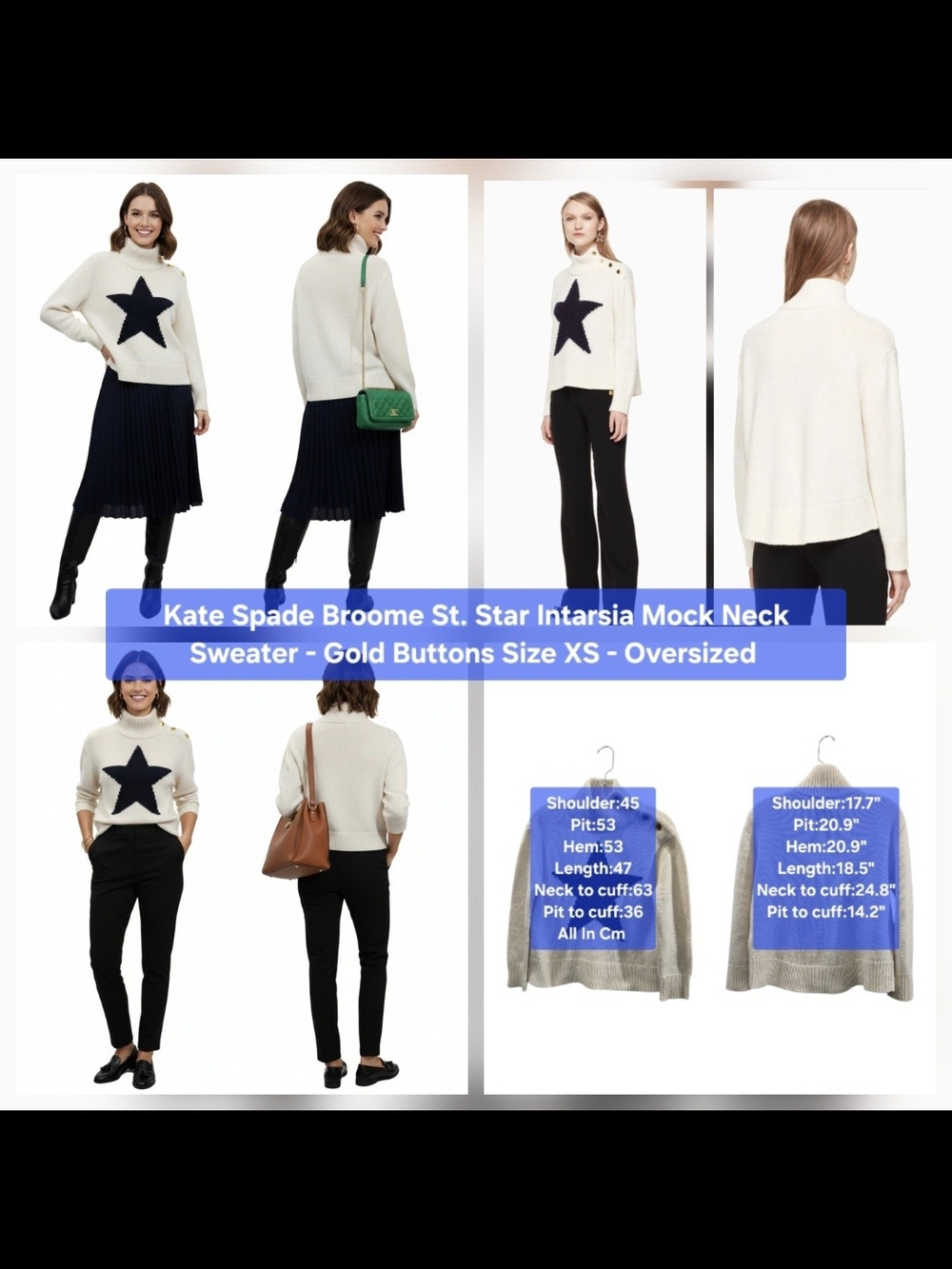 Kate Spade Broome St. Star Intarsia Mock Neck Sweater - Gold Buttons Size XS